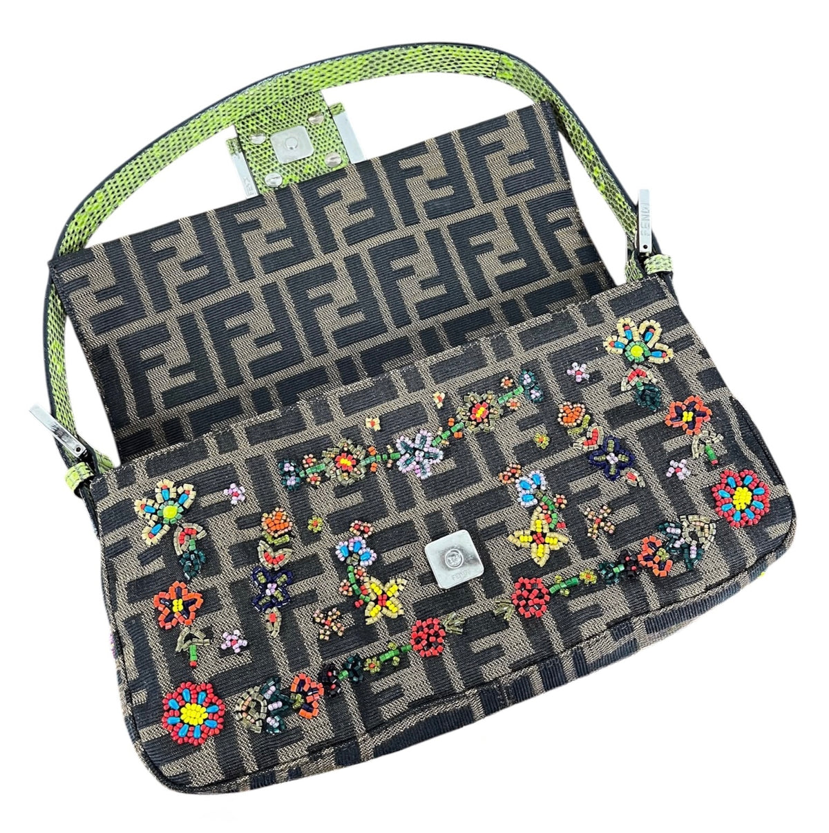 Fendi Vintage Brown Zucca Monogram Floral Beaded Green Lizard Trim Shoulder Baguette Bag