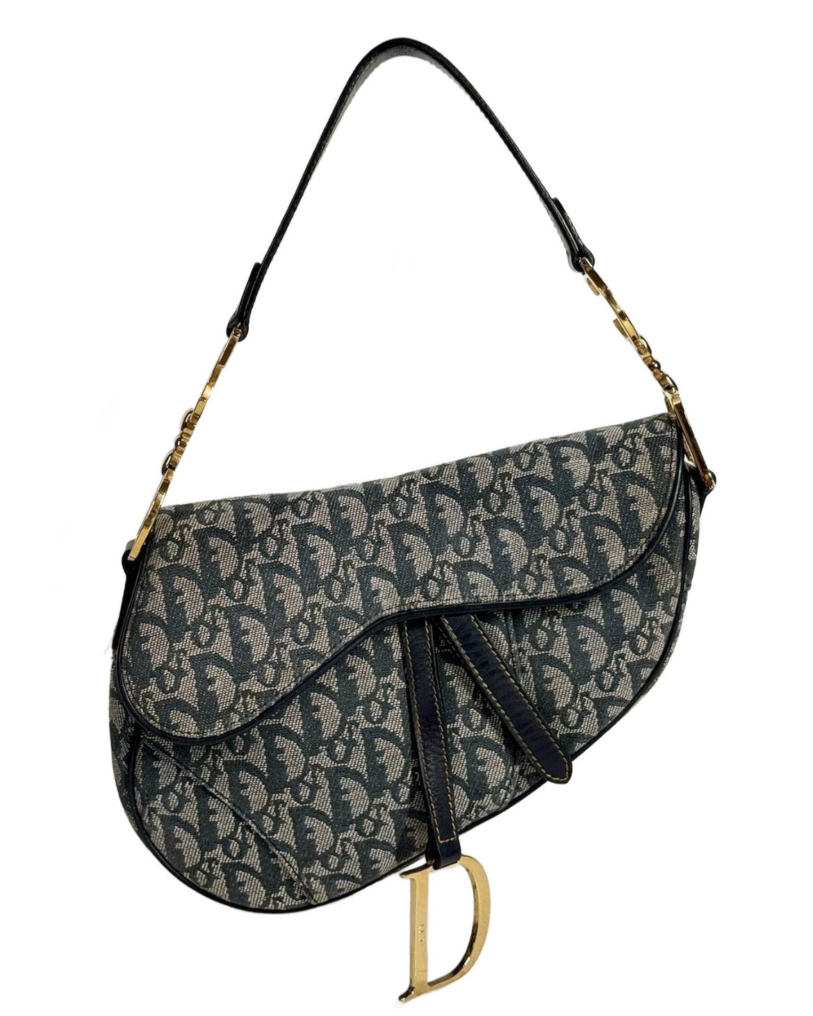 Dior Vintage 2002 Navy Blue Trotter Monogram Medium Saddle Bag