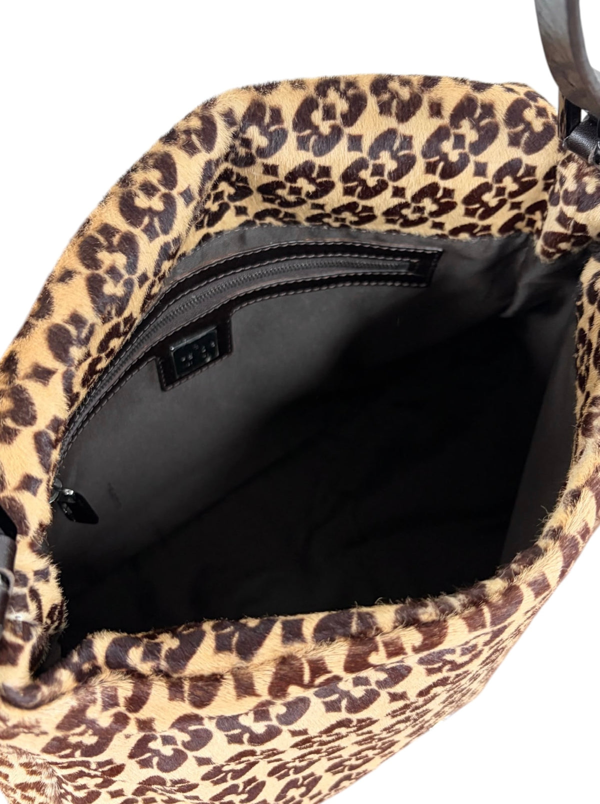 Fendi Vintage Light Beige Brown Geometric Print Pony Hair Shoulder Mamma Baguette Bag