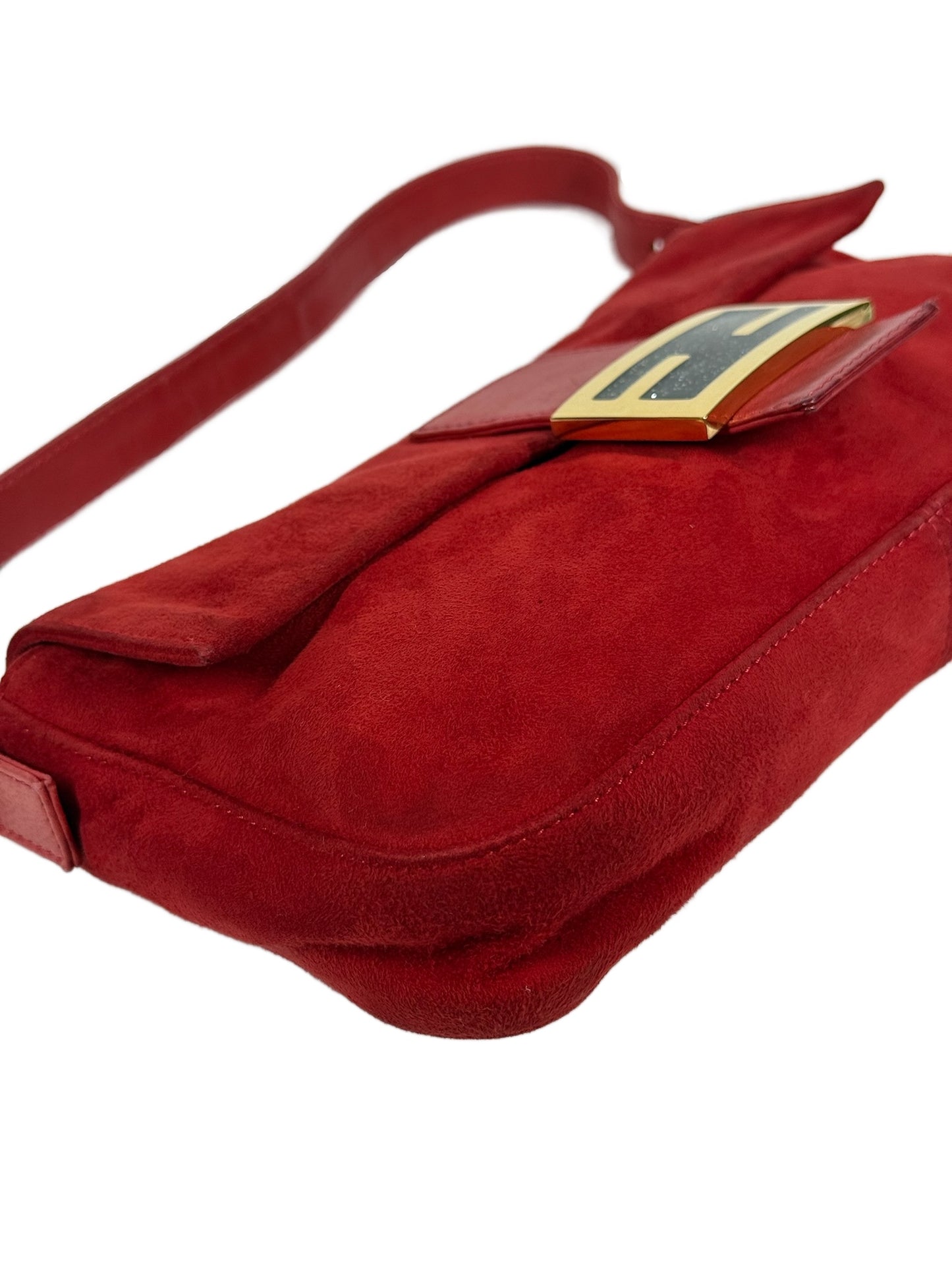 Fendi Vintage Red Suede Purple Glitter Logo Shoulder Baguette Bag