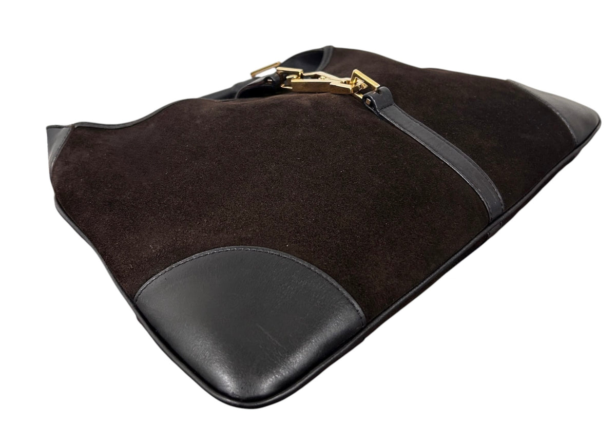 Gucci Vintage Dark Brown Suede Leather Trim Small Jackie Bamboo Handle Shoulder Bag