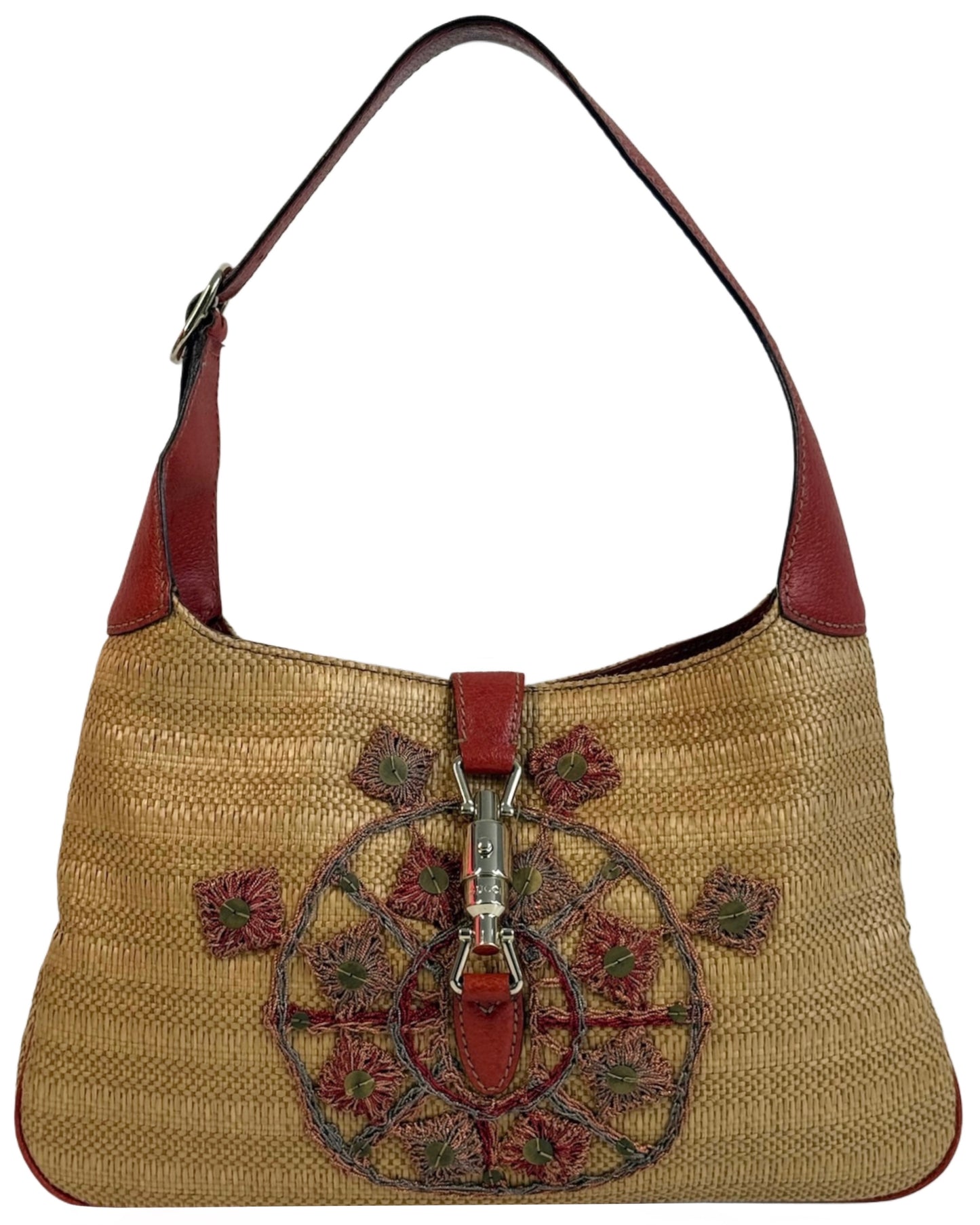 Gucci Brown Raffia & Red Leather Embellished Sequin Medium Jackie Hobo Shoulder Bag