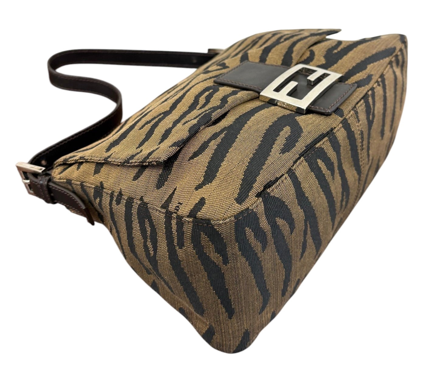 Fendi Vintage Brown & Black Zebra Print Canvas Mamma Baguette Shoulder Bag