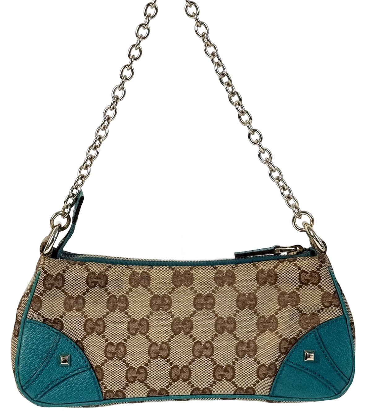 Gucci Vintage Brown GG Monogram Turquoise Leather Trim Chain Link Studded Shoulder Pochette Bag