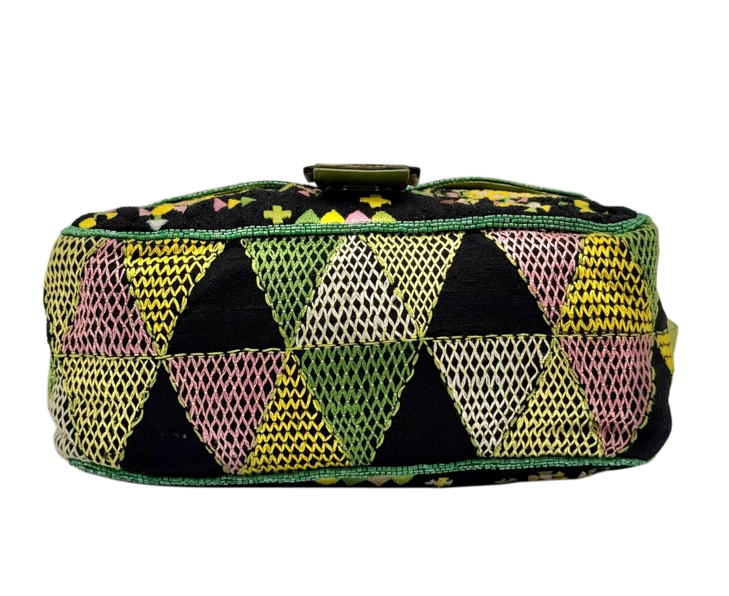 Fendi Vintage Black Knit Beaded Embroidered Aztec Print Mamma Baguette Shoulder Bag with Green Cow Print Pony Hair Trim