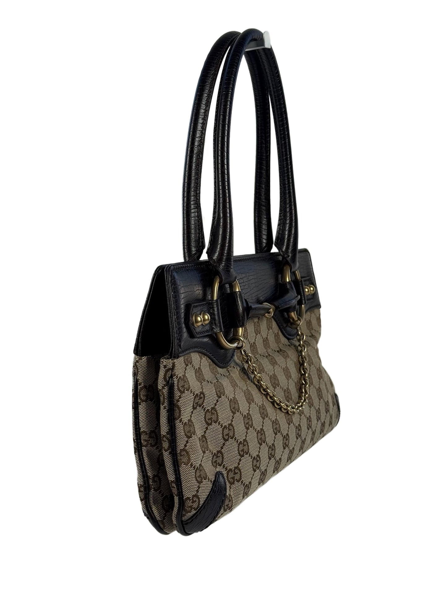 Gucci Vintage Brown GG Monogram Brown Leather Trim Horsebit Small Shoulder Tote Bag