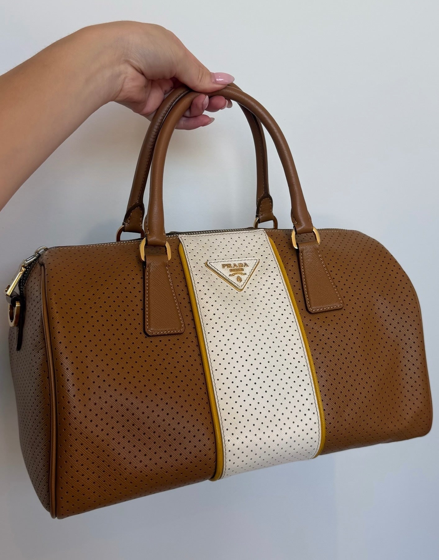 Prada Vintage Beige & White Striped Perforated Leather Small Boston Top Handle Bag