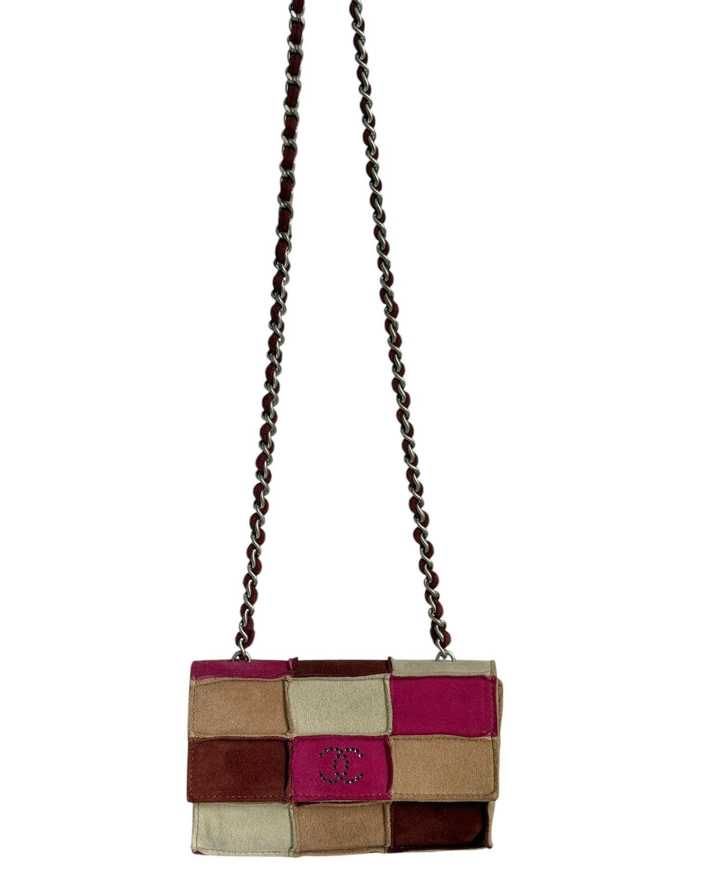 Chanel Vintage 90s Light Brown and Pink Patchwork Suede Crystal CC Logo Micro Mini Flap Crossbody Bag 
