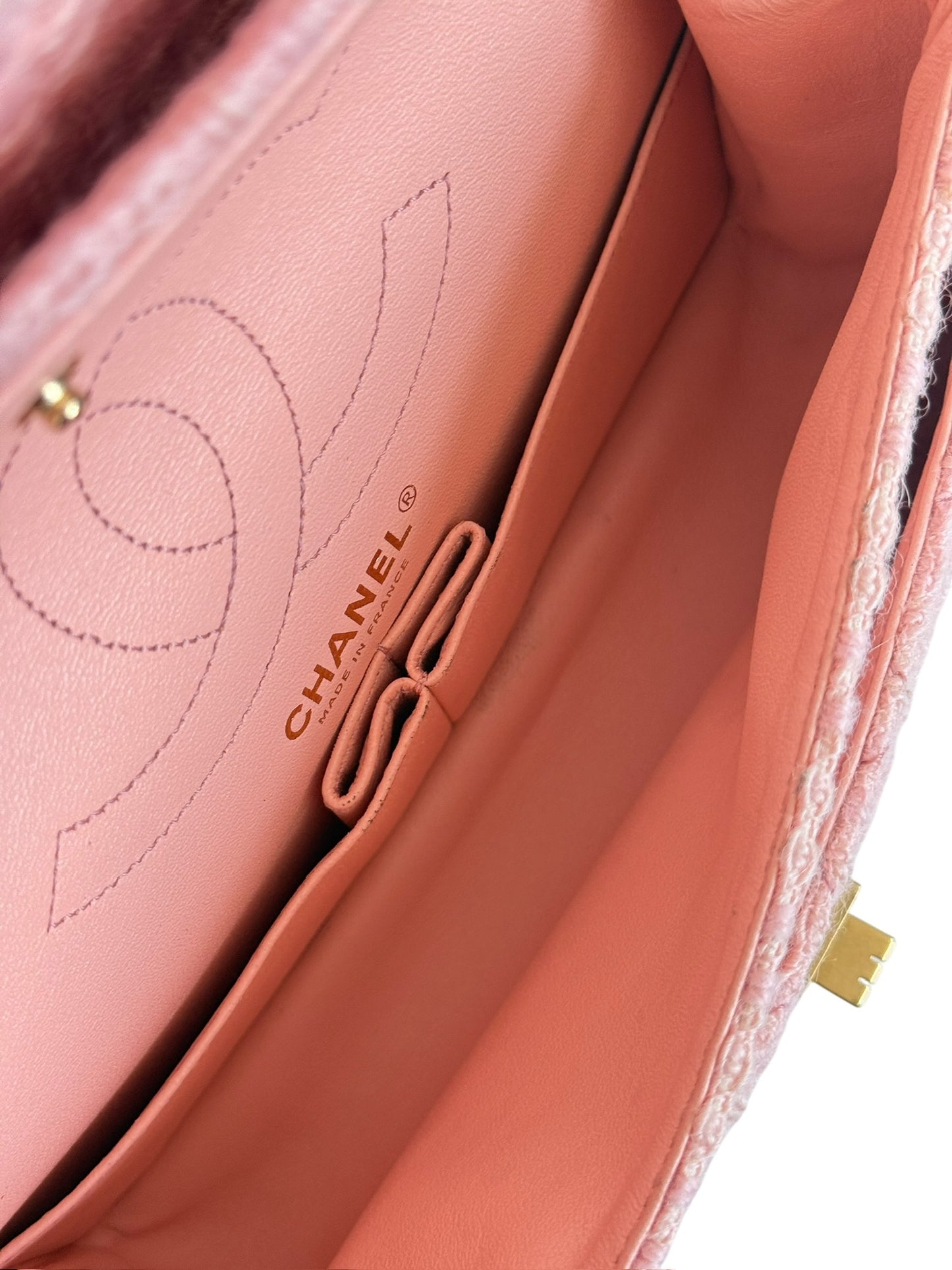 Chanel Light Pink Tweed 2.55 Reissue Medium Double Flap Bag with Aged Gold Hardware