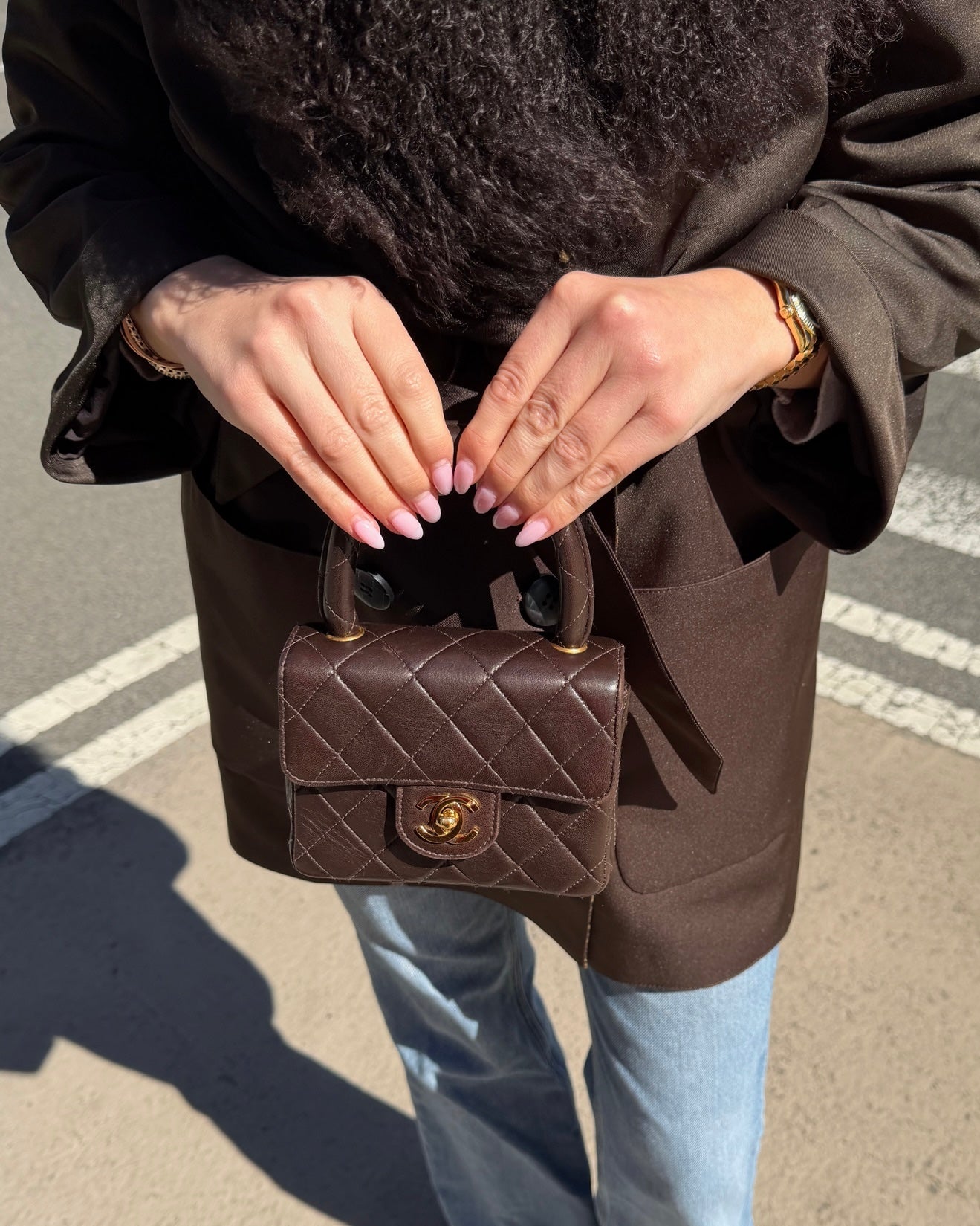 Chanel Vintage 90s Chocolate Brown Quilted Lambskin Mini Parent Child Square Kelly Classic Flap Top Handle Bag w 24K GPHW