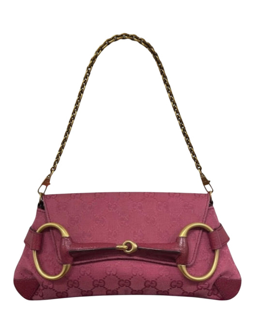 Gucci Vintage Fuchsia GG Monogram Small Horsebit Shoulder Clutch Bag