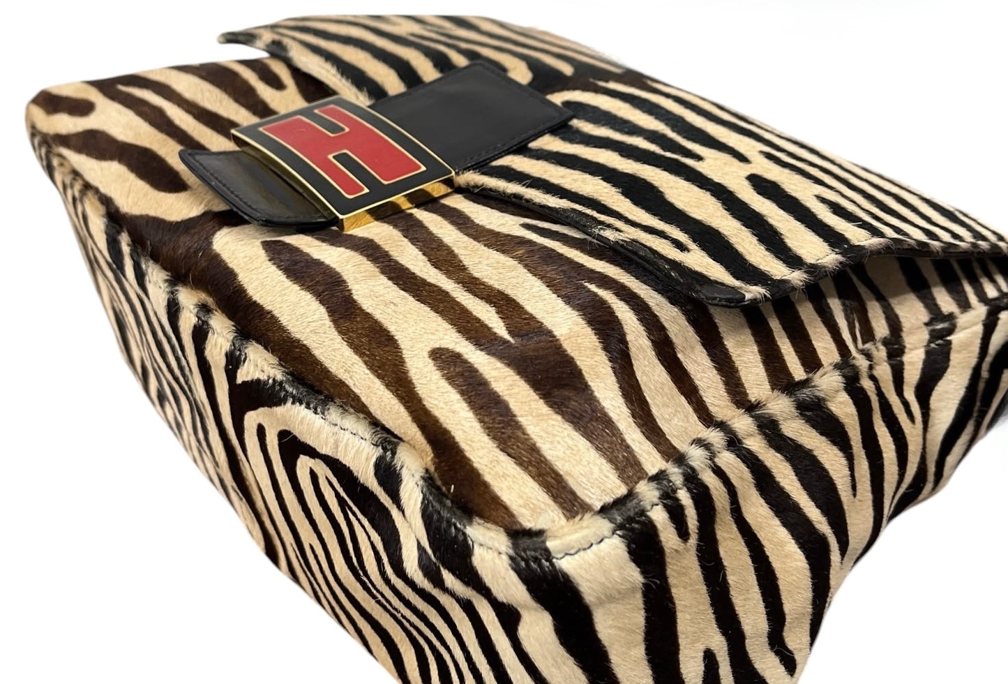 Fendi Vintage Zebra Print Pony Hair Mamma Baguette Shoulder Bag with Red Enamel Trim