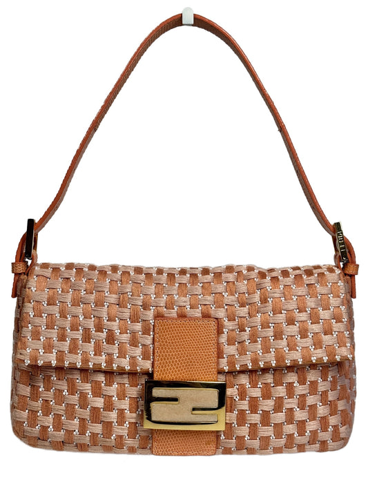 Fendi Vintage Peach Orange Woven Beaded Baguette Shoulder Bag w Quartz Logo & Crocodile Trim