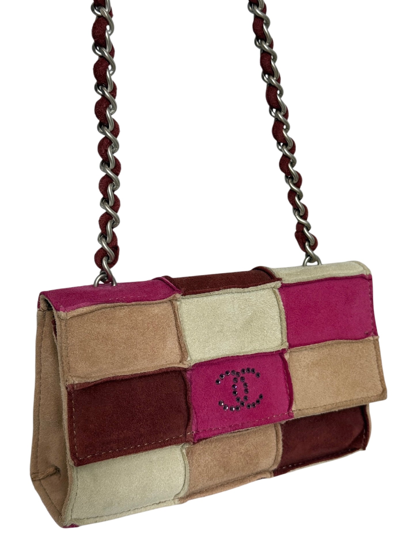 Chanel Vintage 90s Light Brown and Pink Patchwork Suede Crystal CC Logo Micro Mini Flap Crossbody Bag 
