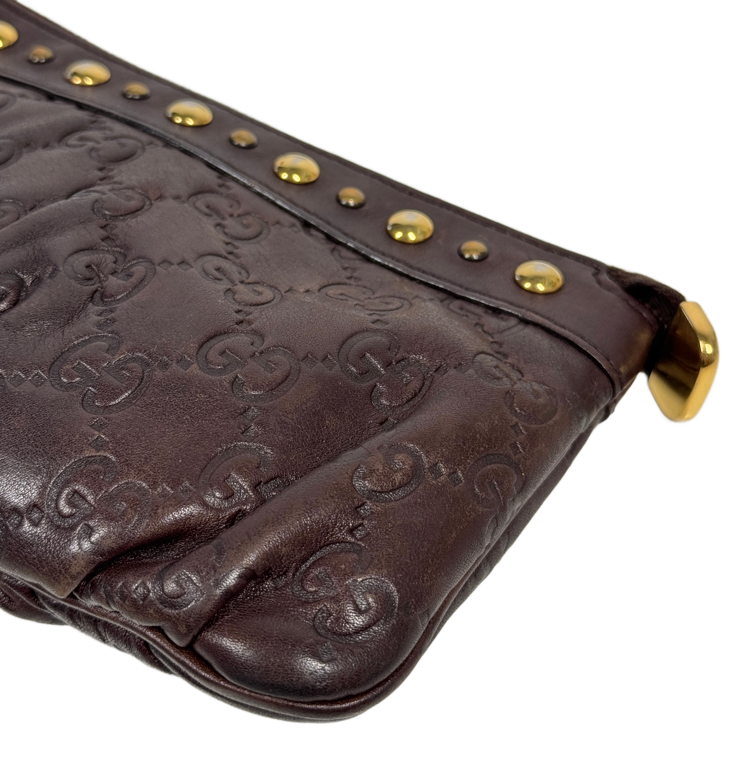 Gucci Vintage Brown Embossed GG Guccissima Monogram Leather Babouska Wristlet Clutch w Heart Charm