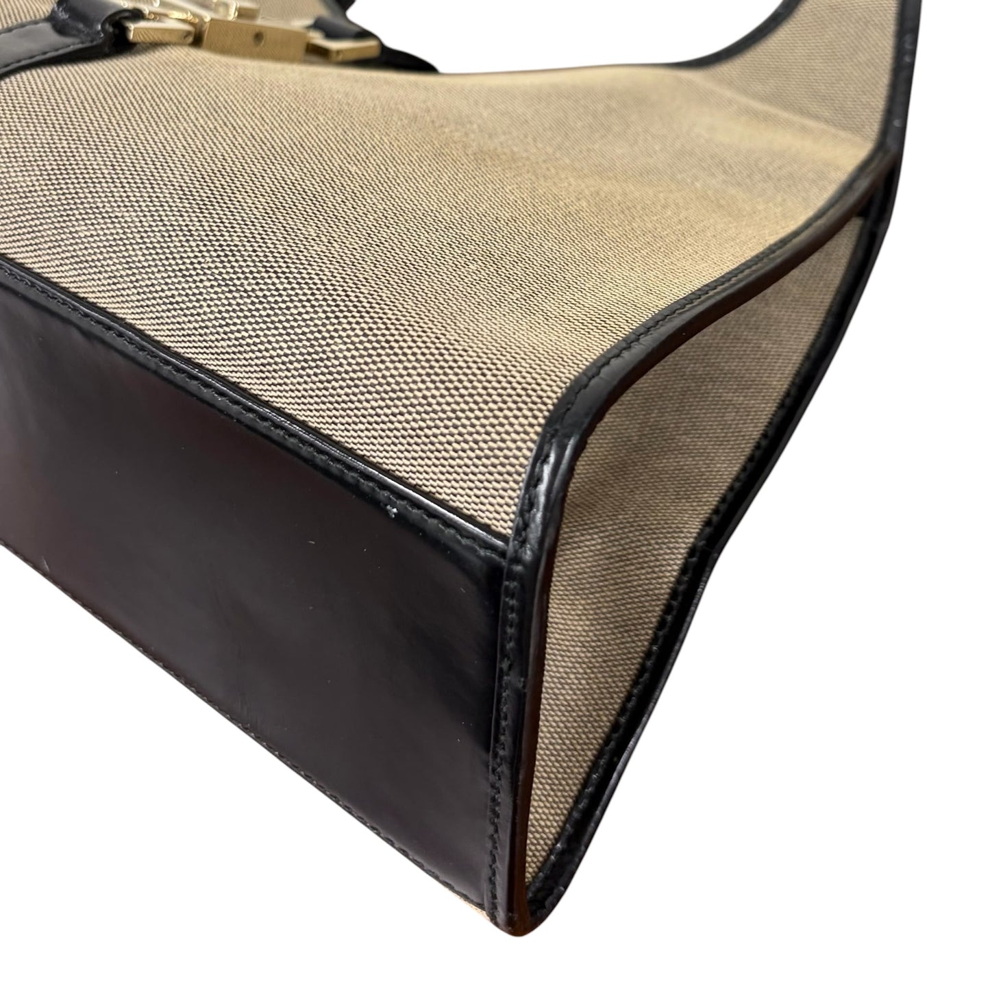 Gucci Vintage Beige Canvas with Black Patent Leather Trim Medium Jackie Shoulder Bag 
