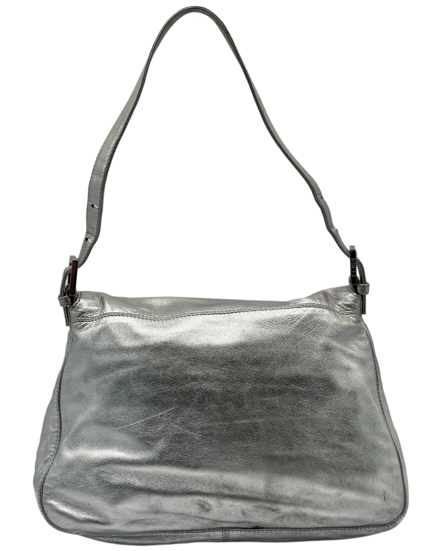 Fendi Vintage Metallic Silver Lambskin Leather Crystal Logo Mamma Shoulder Baguette Bag