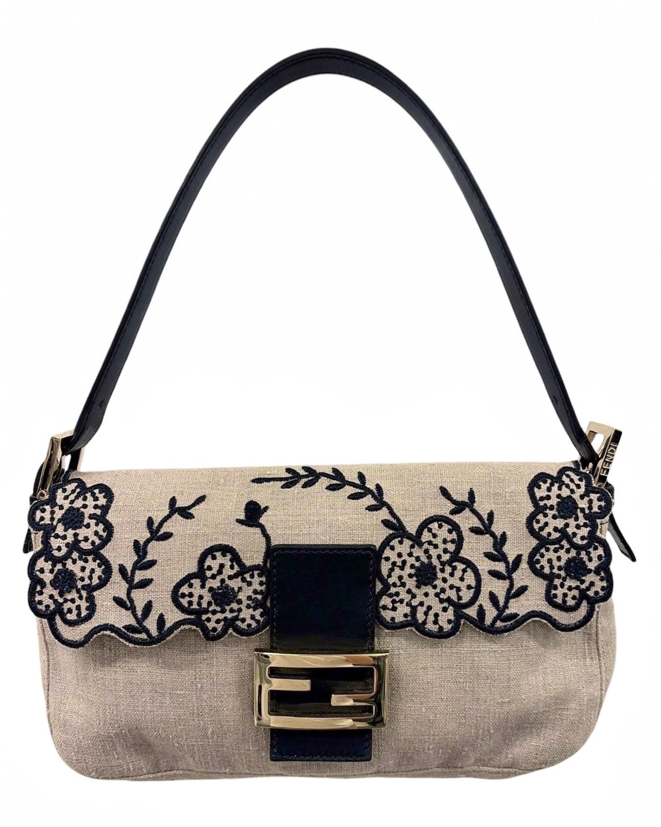 Fendi Vintage Beige Linen Black Floral Embroidered Shoulder Baguette Bag 