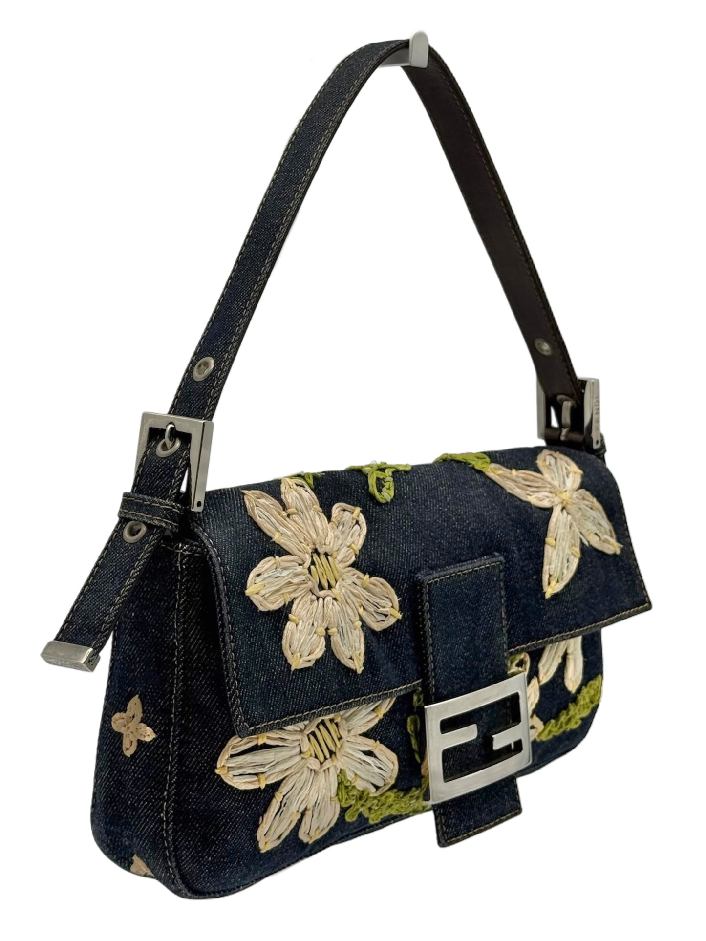 Fendi Vintage Blue Denim Tulle Floral Embroidered Shoulder Baguette Bag