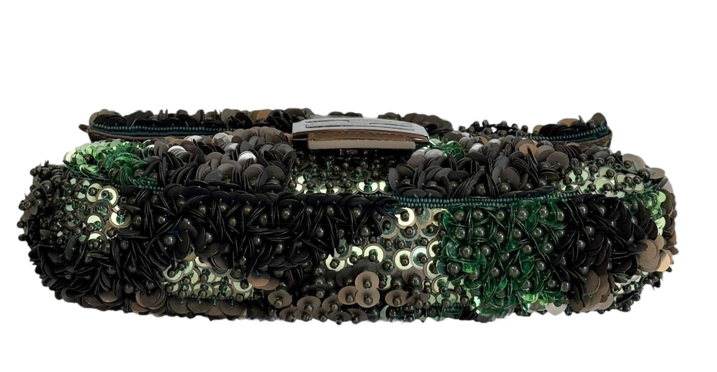 Fendi 2013 Camo Green 3D Beaded Sequin Embellished Shoulder Baguette Shoulder with Gunmetal Hardware