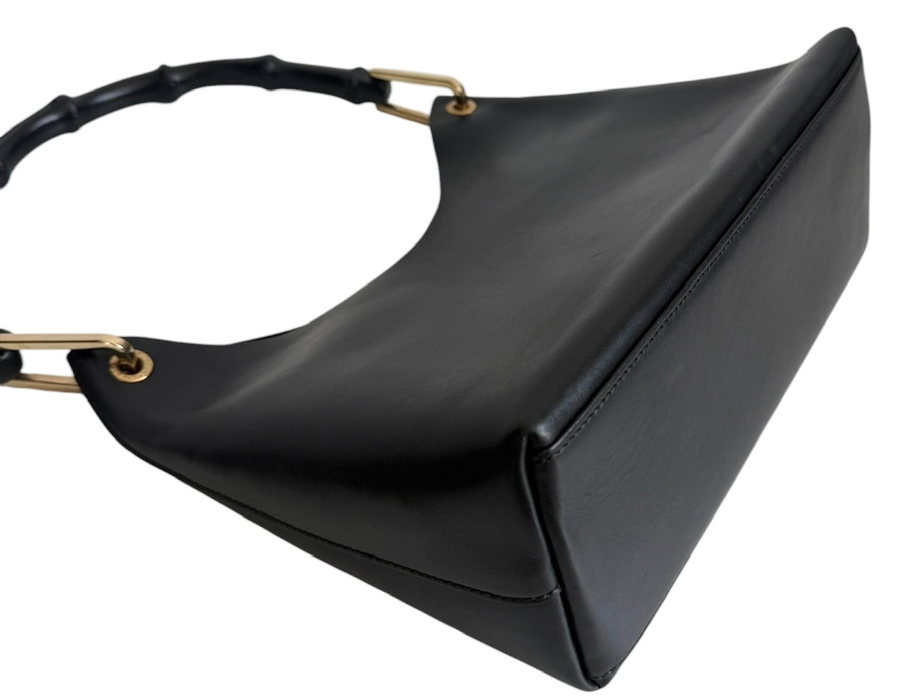 Gucci Vintage Black Smooth Leather Bamboo Handle Small Hobo Shoulder Bag with Pouch
