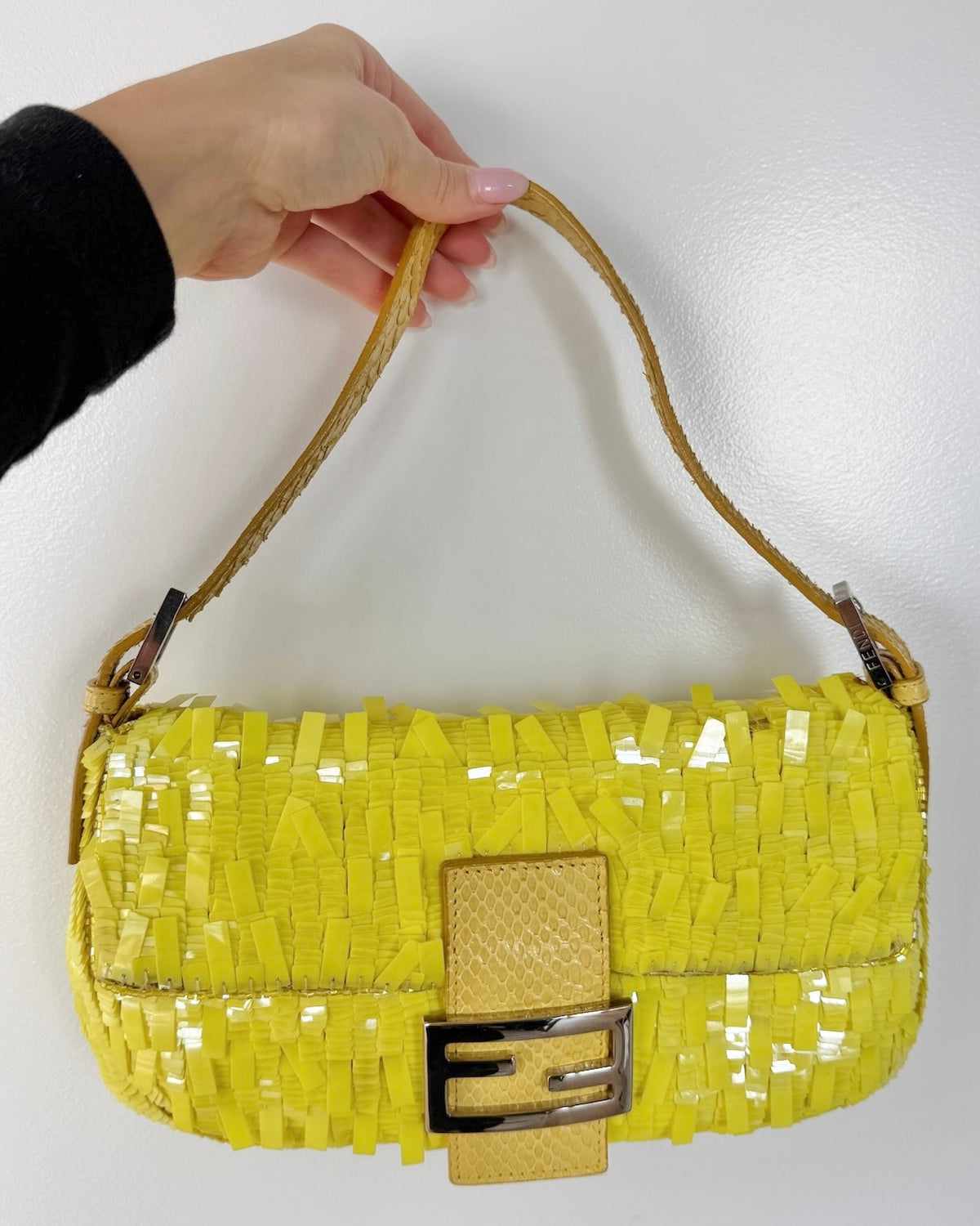 Fendi Vintage Neon Yellow Palliates Sequin Beaded Shoulder Baguette Bag with Python Trim