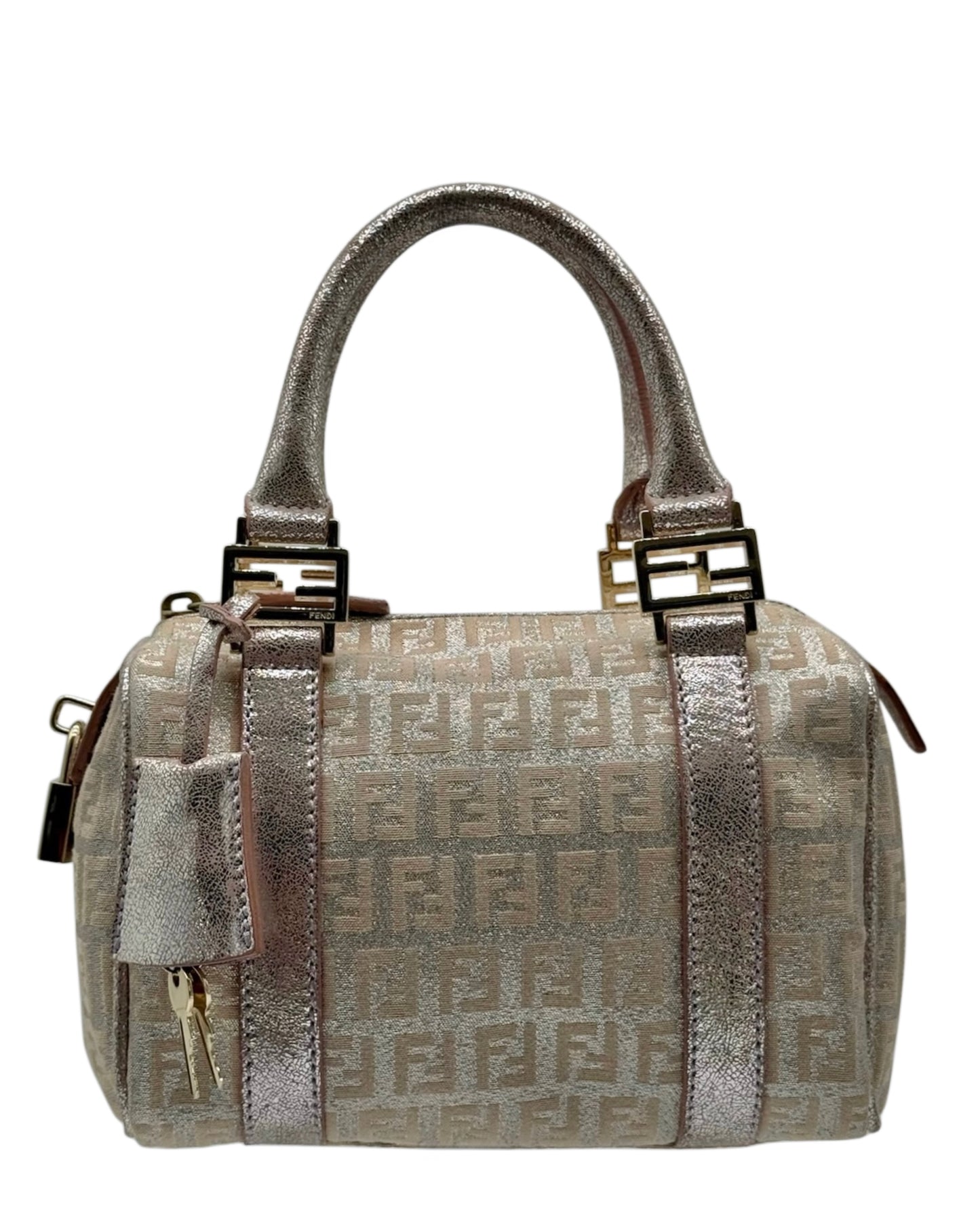 Fendi Vintage Metallic Pink Zucchino Zucca Monogram Mini Boston Top Handle Bag