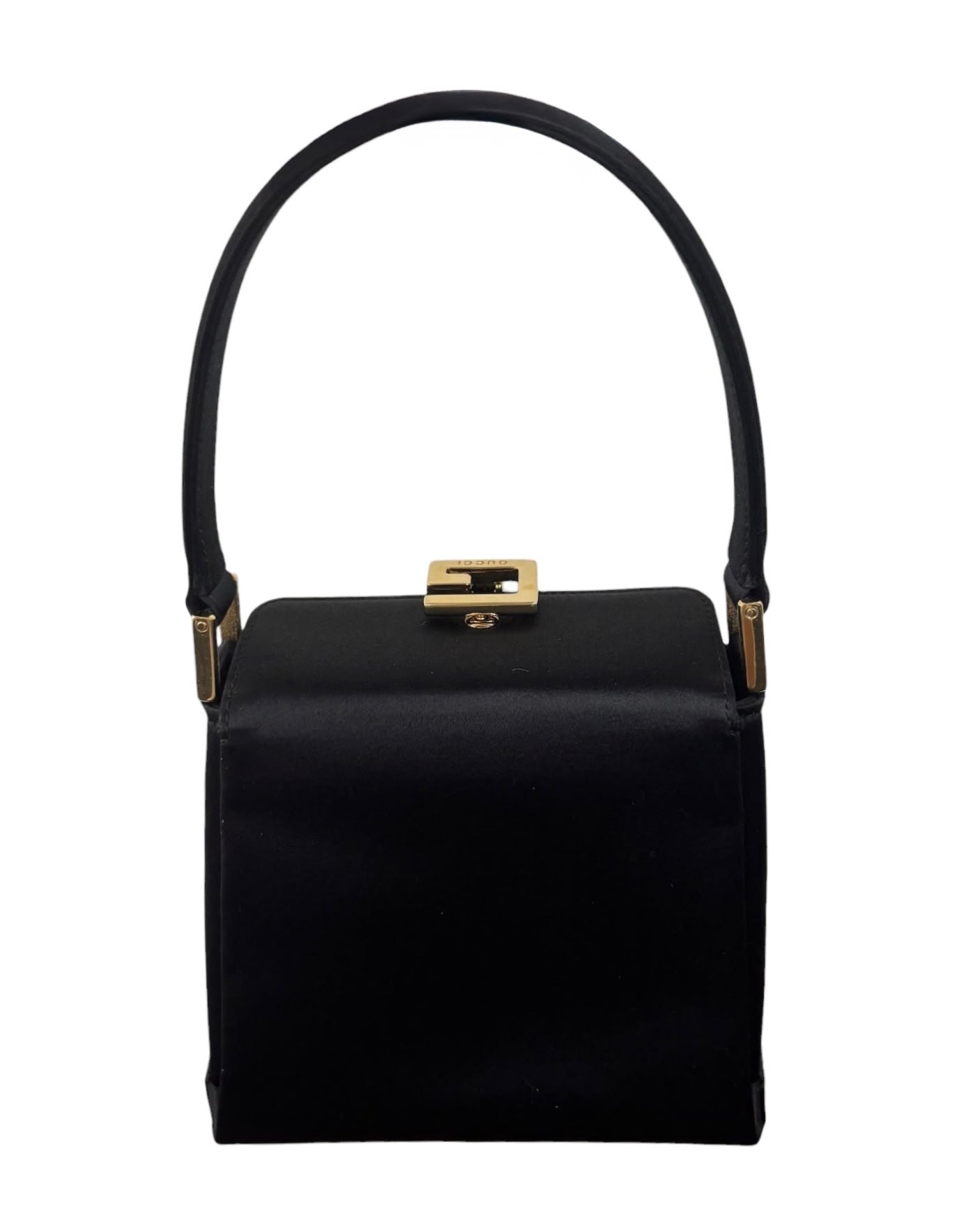 Gucci Vintage 90s Black Satin Gold Logo Mini Bento Box Evening Bag