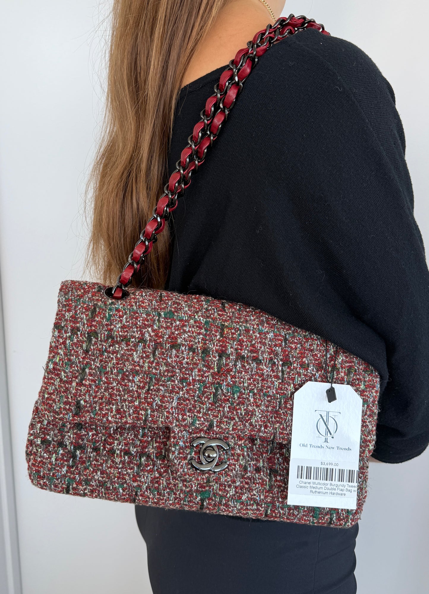 Chanel Multicolor Burgundy Tweed Classic Medium Double Flap Bag with Ruthenium Hardware