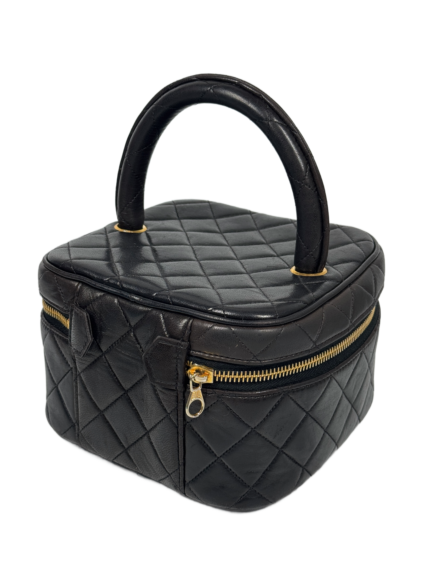 Chanel Vintage 90s Black Quilted Lambskin Top Handle Vanity Bag