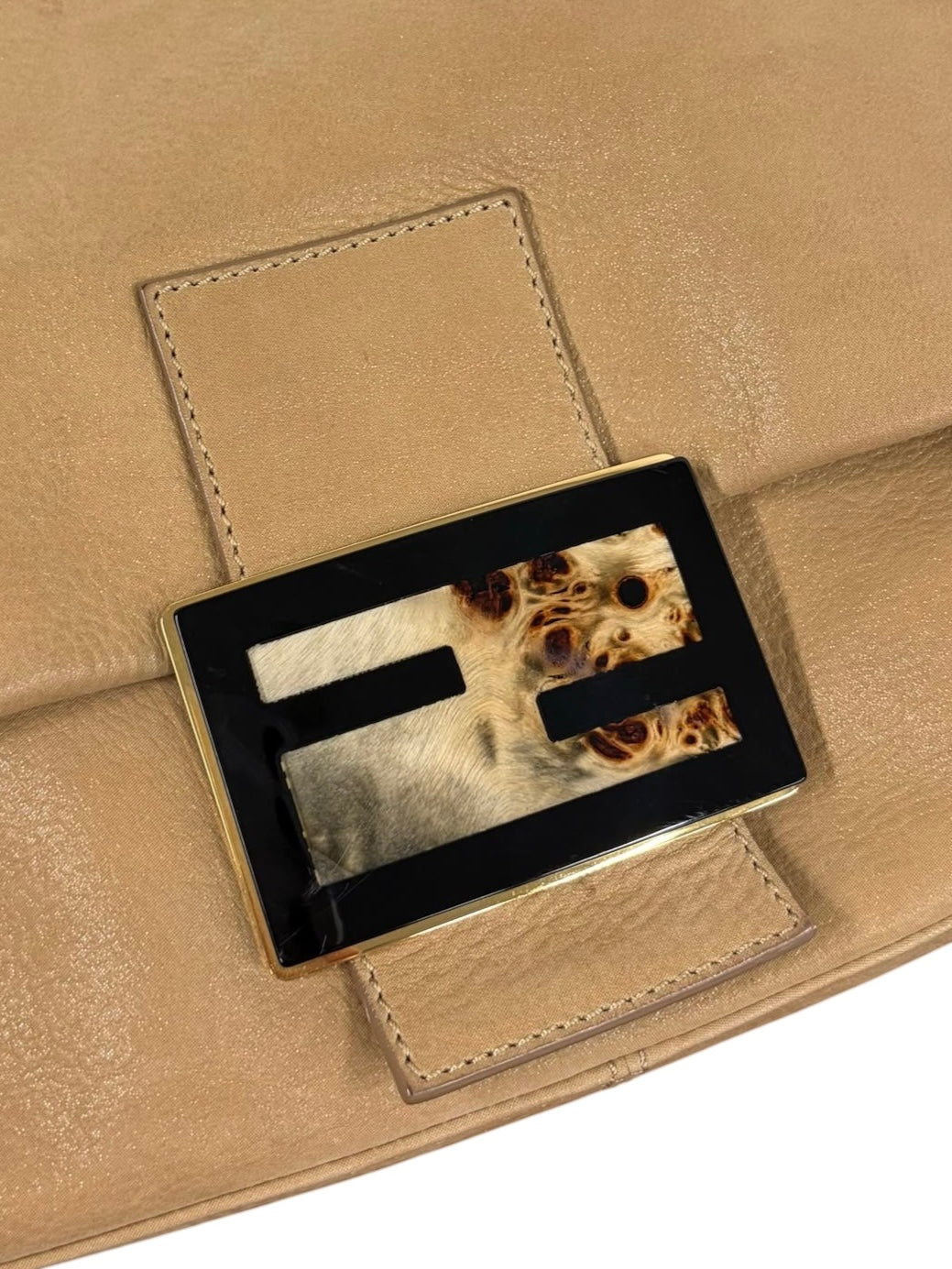 Fendi 2011 Tan Micro Suede Marble Logo XL Mamma Baguette Shoulder Bag