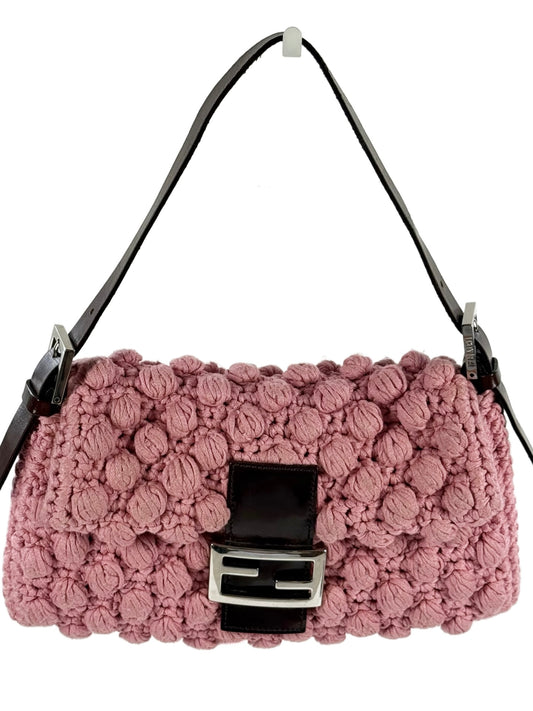 Fendi Vintage Pink Crochet Knit Shoulder Baguette Bag