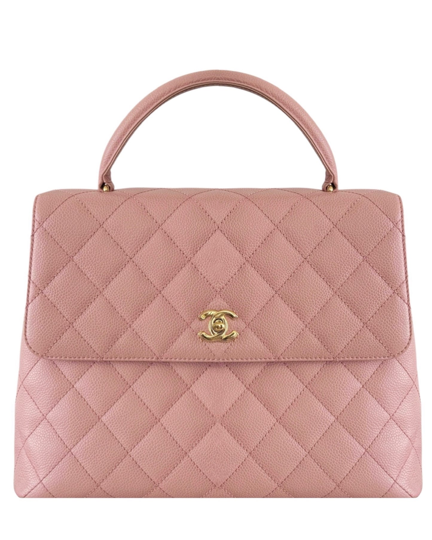Chanel Vintage 00s Sakura Pink Quilted Caviar Leather Medium Kelly Top Handle Classic Flap Bag