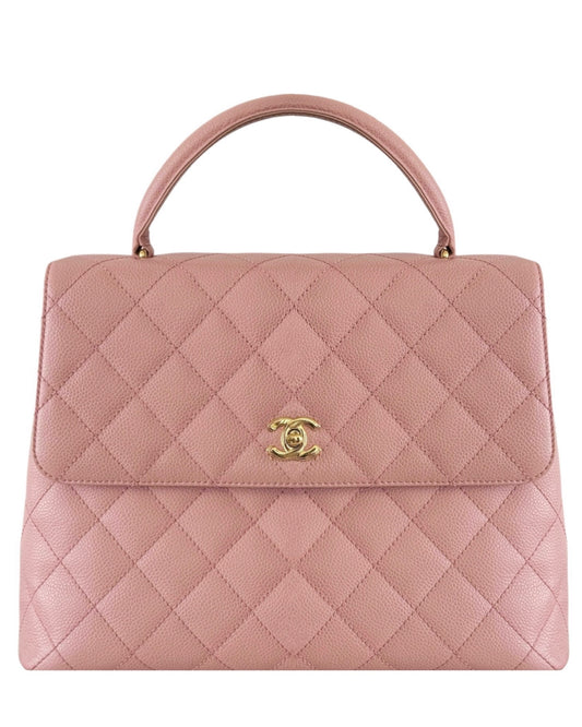 Chanel Vintage 00s Sakura Pink Quilted Caviar Leather Medium Kelly Top Handle Classic Flap Bag