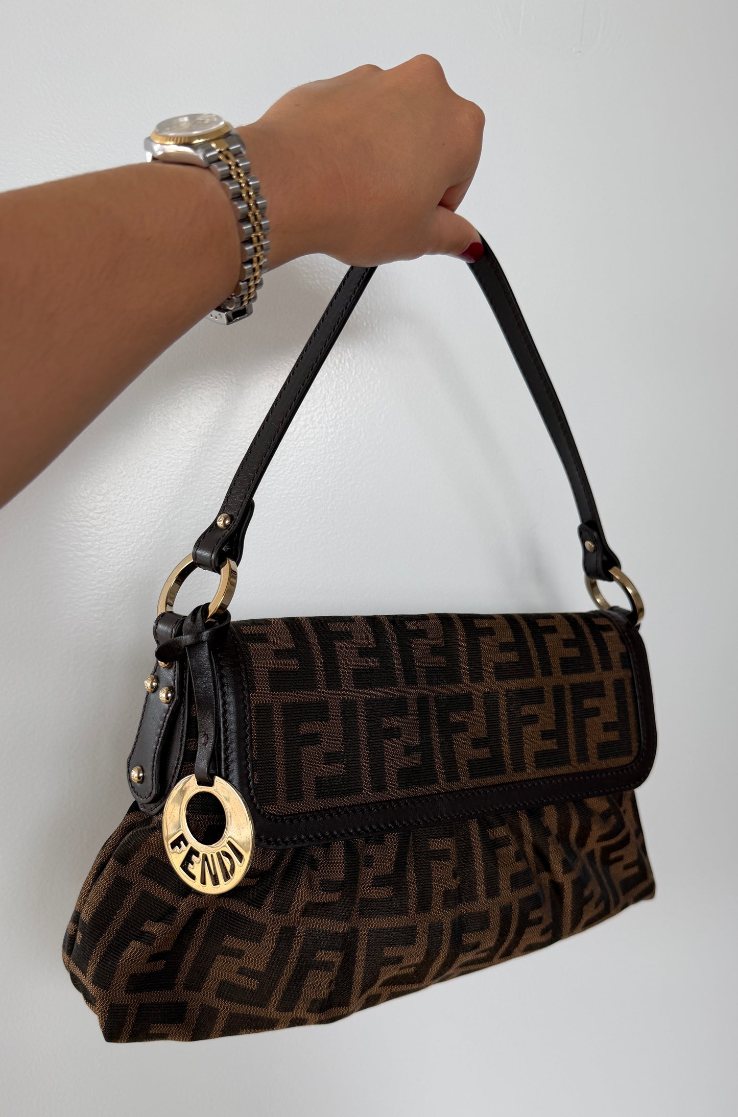 Fendi Vintage Brown Zucca Monogram Canvas Medium Chef Shoulder Baguette Bag
