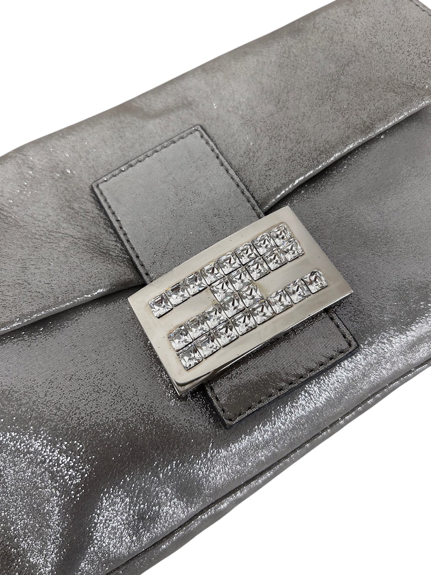 Fendi Vintage Metallic Silver Leather Crystal Logo Shoulder Baguette Bag