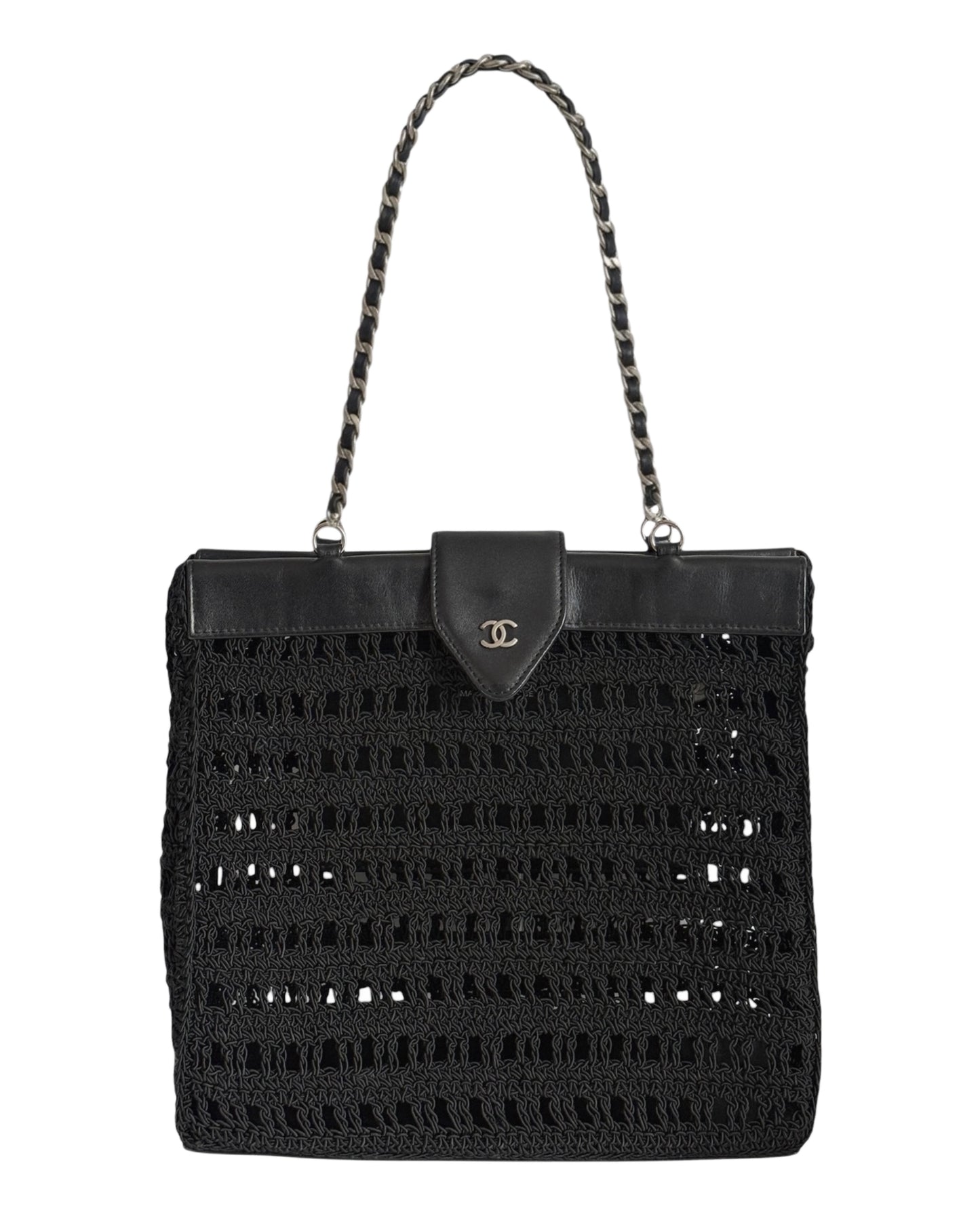 Chanel Vintage 90s Black Woven Crochet Knit CC Shoulder Tote Bag with Lambskin Trim 