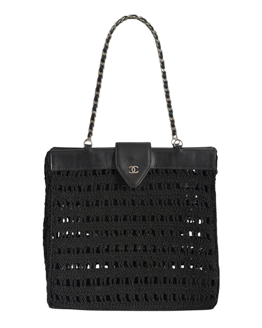 Chanel Vintage 90s Black Woven Crochet Knit CC Shoulder Tote Bag with Lambskin Trim 
