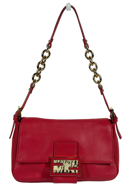 Fendi Vintage Coral Pink Leather Snakeskin Logo Mini Mamma Shoulder Baguette w Chain Strap