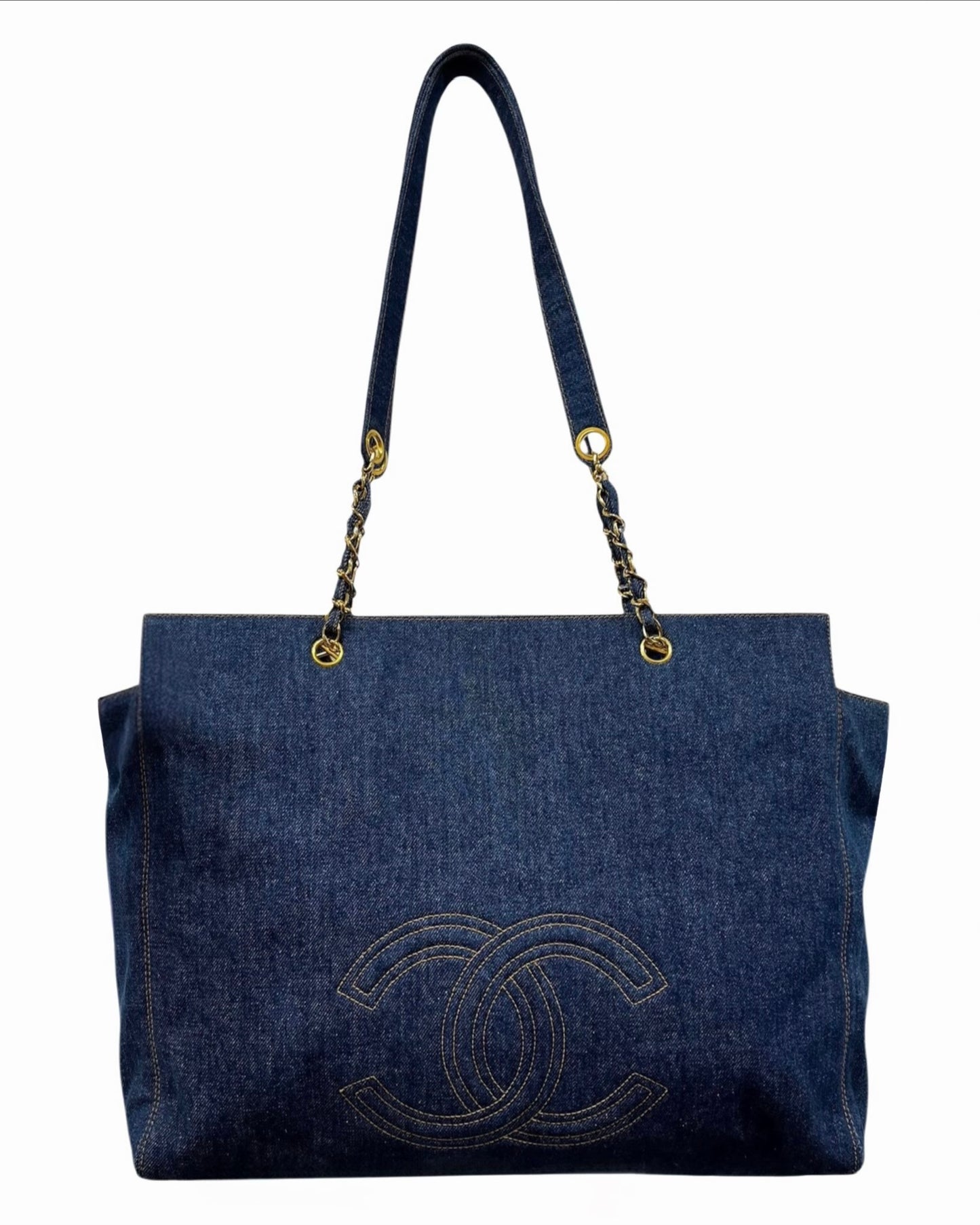 Chanel Vintage 90s Blue Denim CC XL Shoulder Tote Bag
