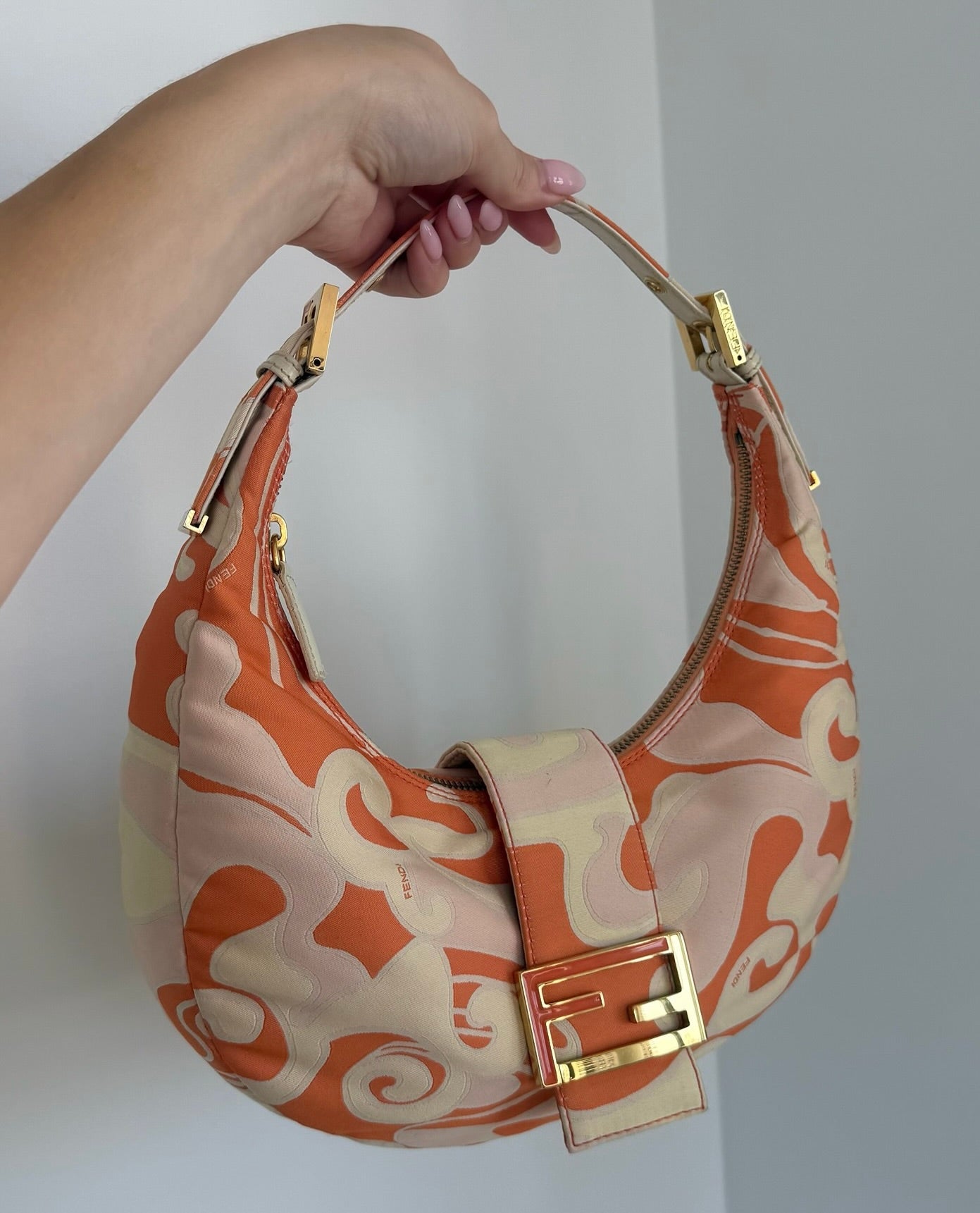 Fendi Vintage Orange Psychedelic Satin Croissant Hobo Shoulder Bag