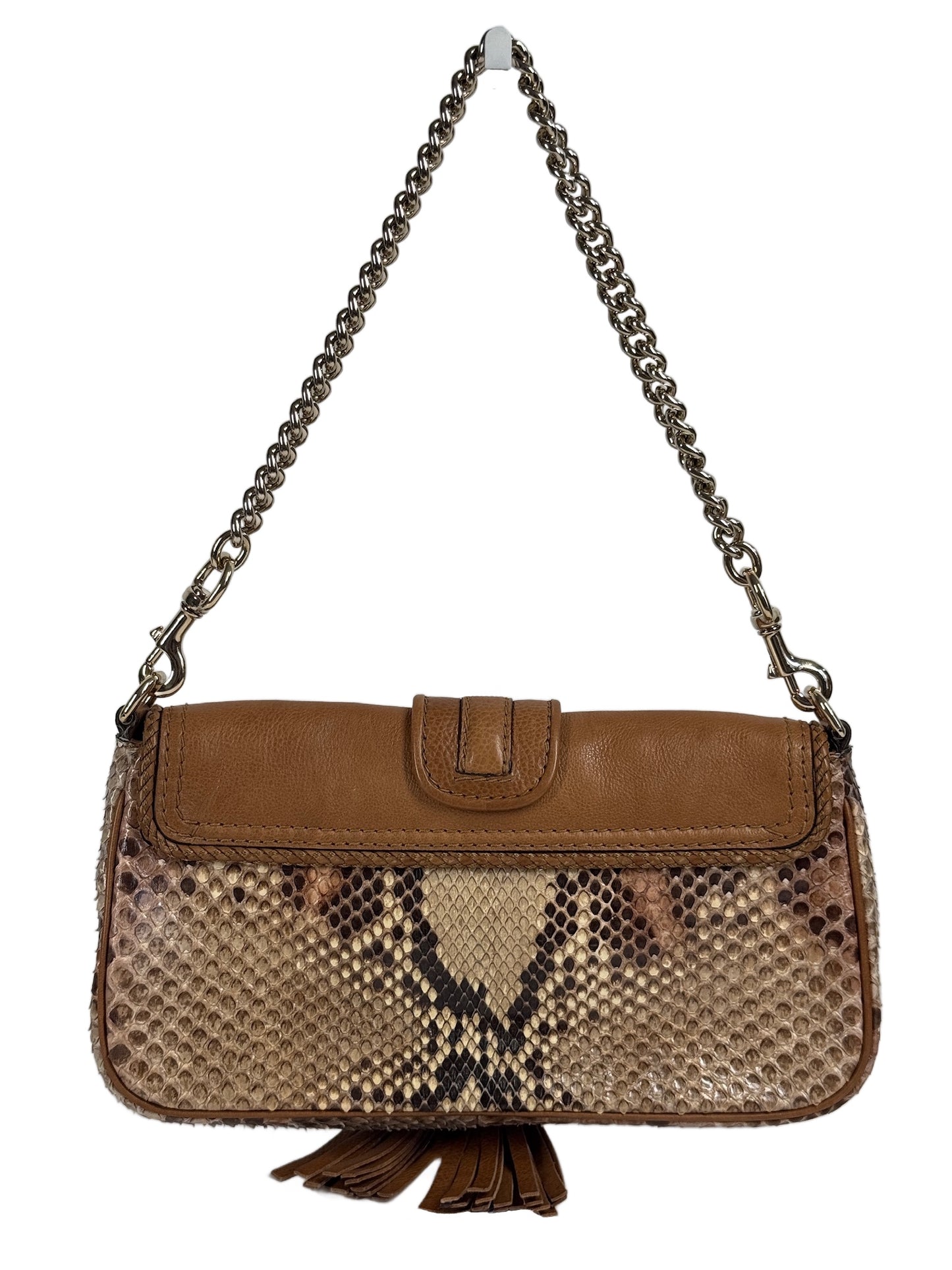 Gucci Vintage Honey Brown Leather Python Snakeskin Marrakech Chain Tassel Shoulder Clutch Pochette Bag