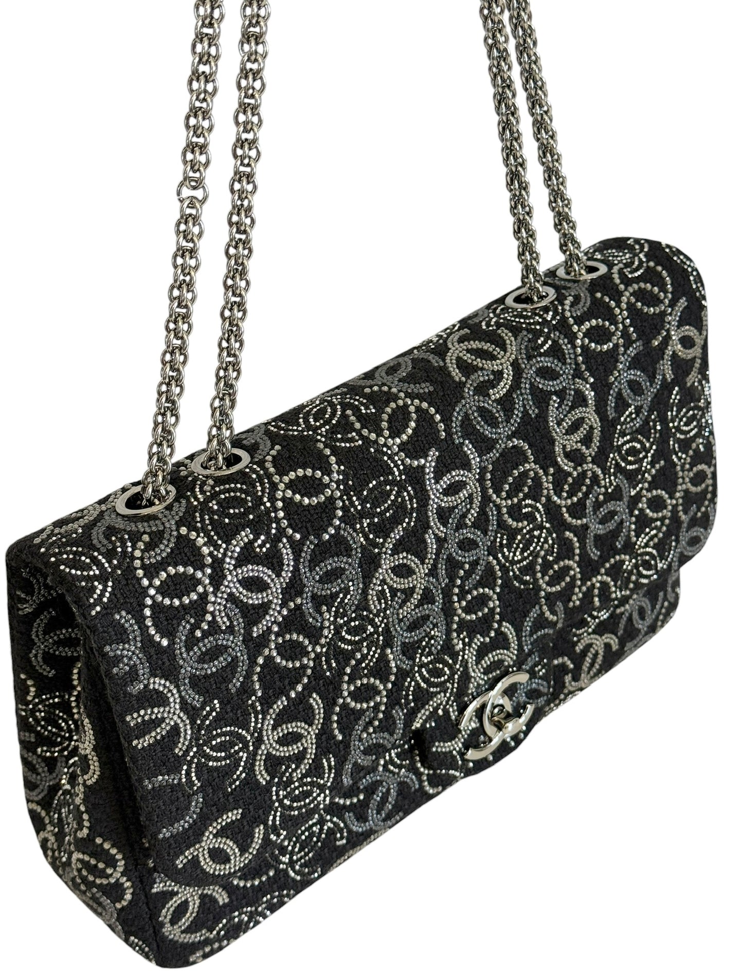 Chanel Vintage Paris-Shanghai Pudong Strass Black Tweed and Crystal CC Logo Jumbo Classic Flap Bag