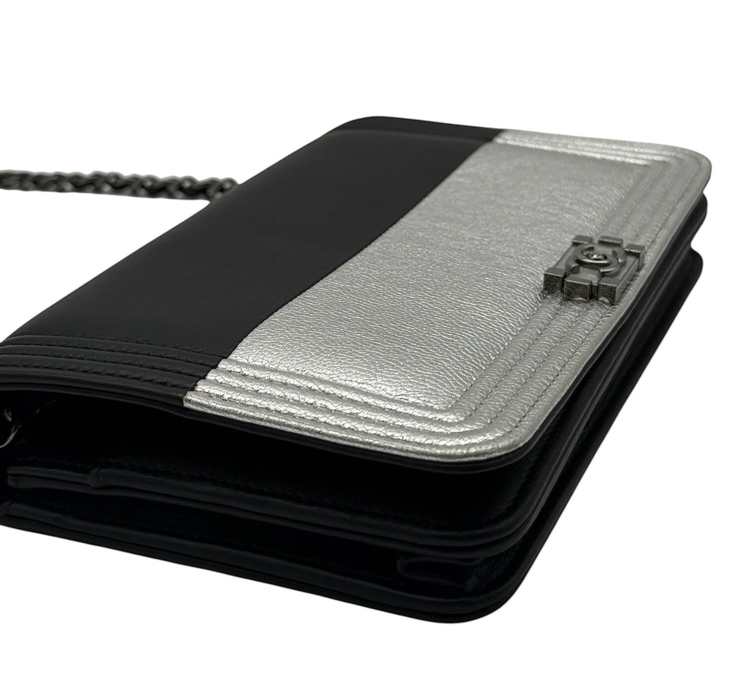 Chanel Black & Metallic Silver Lambskin Two-Toned Boy Wallet on Chain Bag