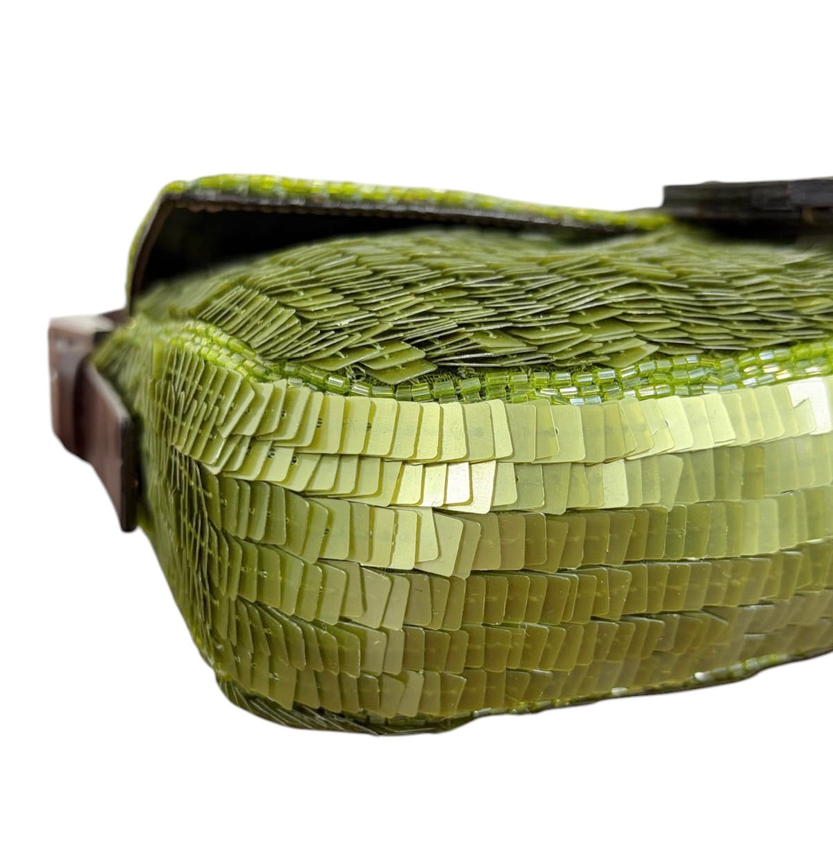 Fendi Vintage Green Paillattes Sequin Beaded Shoulder Baguette Bag 