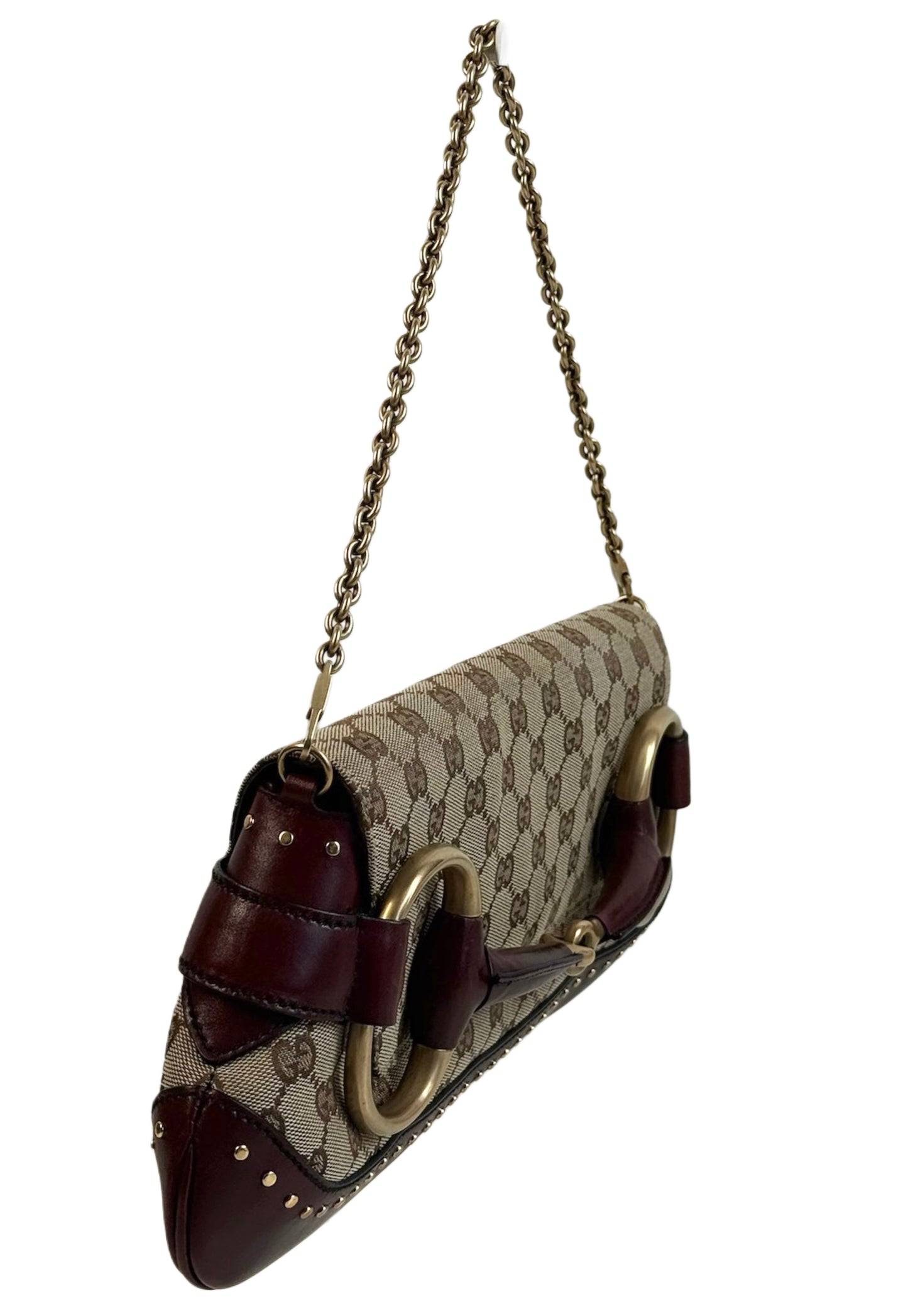 Gucci Vintage Brown GG Monogram Burgundy Studded Leather Trim Horsebit Large Chain Shoulder Clutch Bag