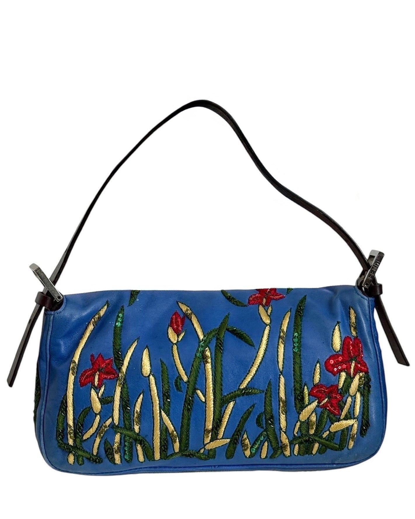 Fendi Vintage Blue Lambskin Floral Embroirdered Beaded Sequin Shoulder Baguette Bag 