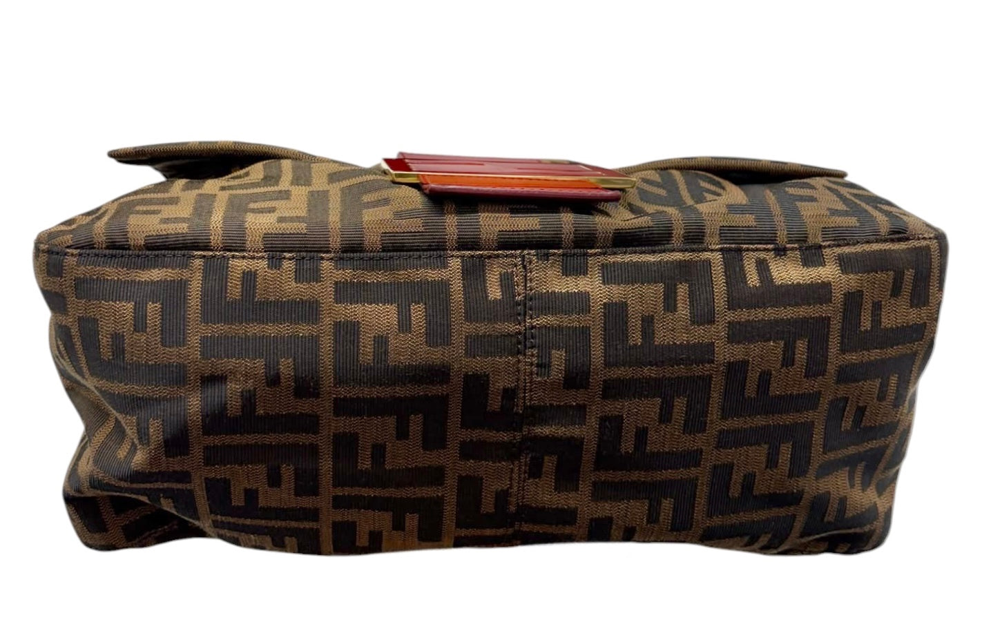 Fendi Vintage Brown Zucca Monogram Canvas Red Leather Trim XL Jumbo Mamma Baguette Shoulder Bag