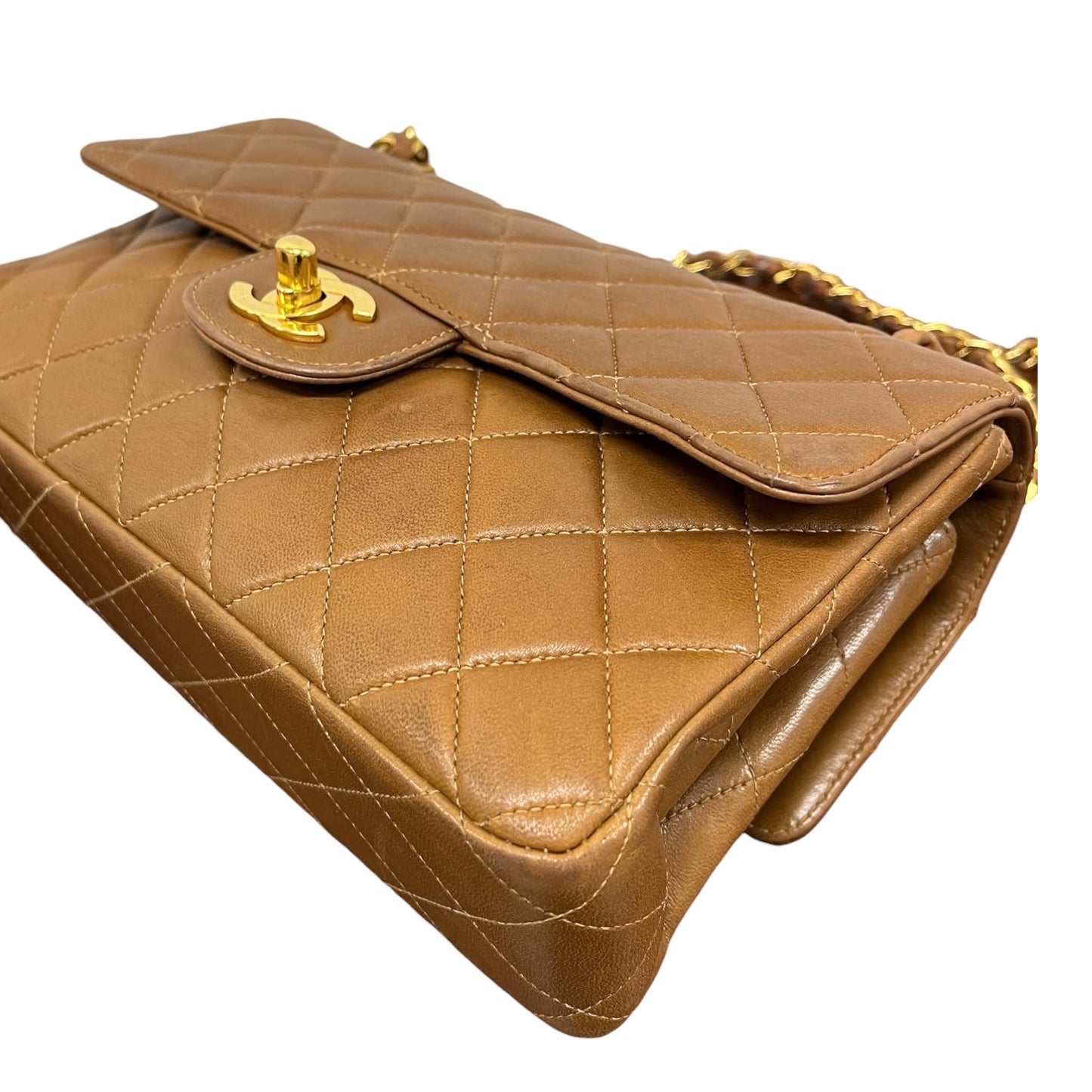 Chanel Vintage 90s Light Brown Quilted Lambskin Small Two-Faced Double Sided Classic Flap Bag with 24K Gold Plated Hardware 