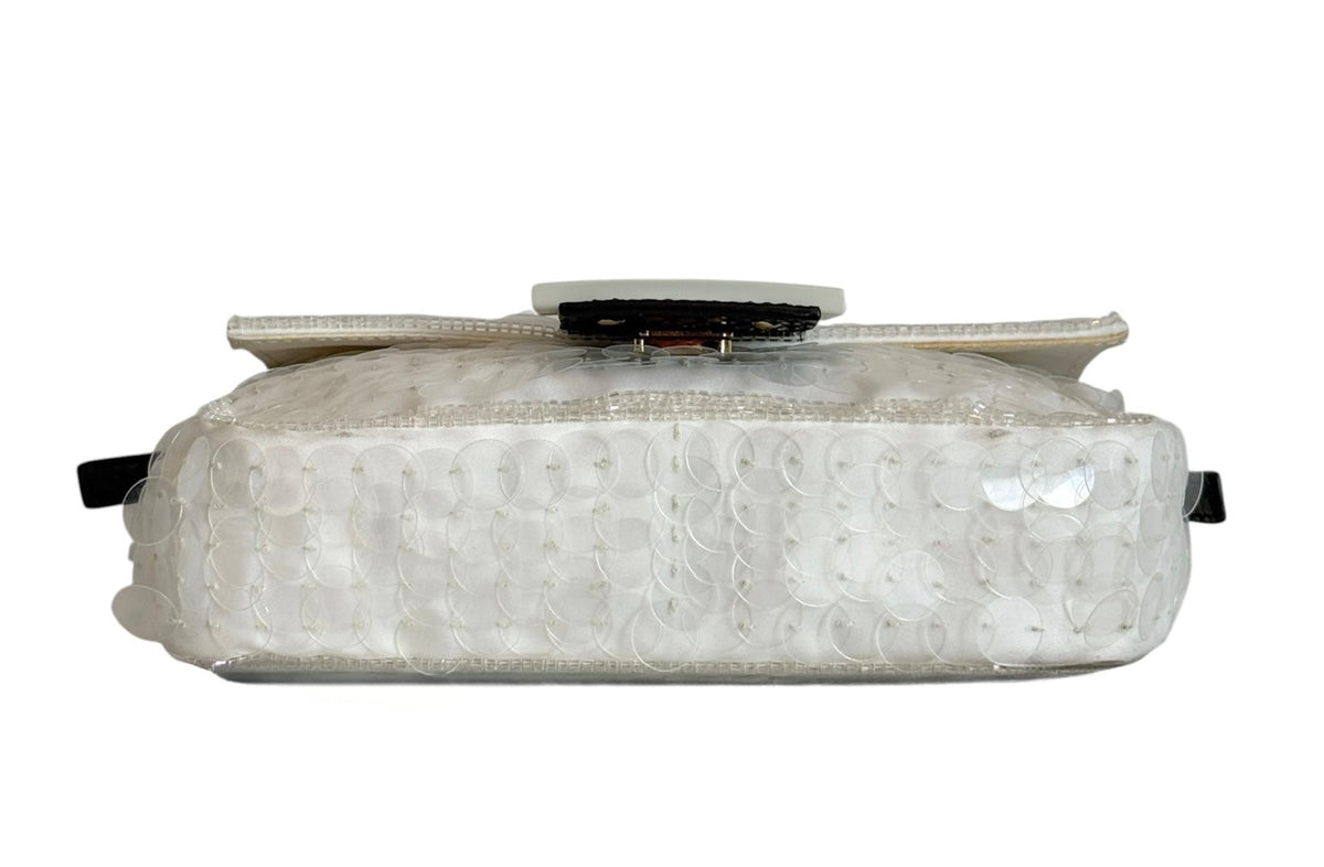 Fendi White Sequin Beaded Re-Edition Mini Shoulder Baguette Bag with Black Python Trim